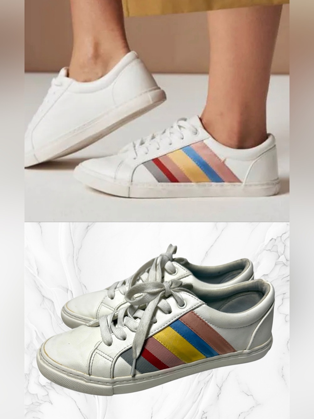M&S collection White Sneakers with Multicolor Side Stripes sz 6
